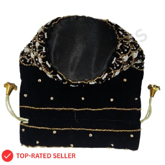 Intricate Beadwork Drawstring Potli Clutch Elegant Evening Bag Handmade - Picture 5 of 7